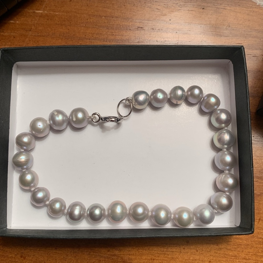 Natural 8 mm Gray Pearl 7" Bracelet Sterling Silver 925 hand knotted - Picture 6 of 7